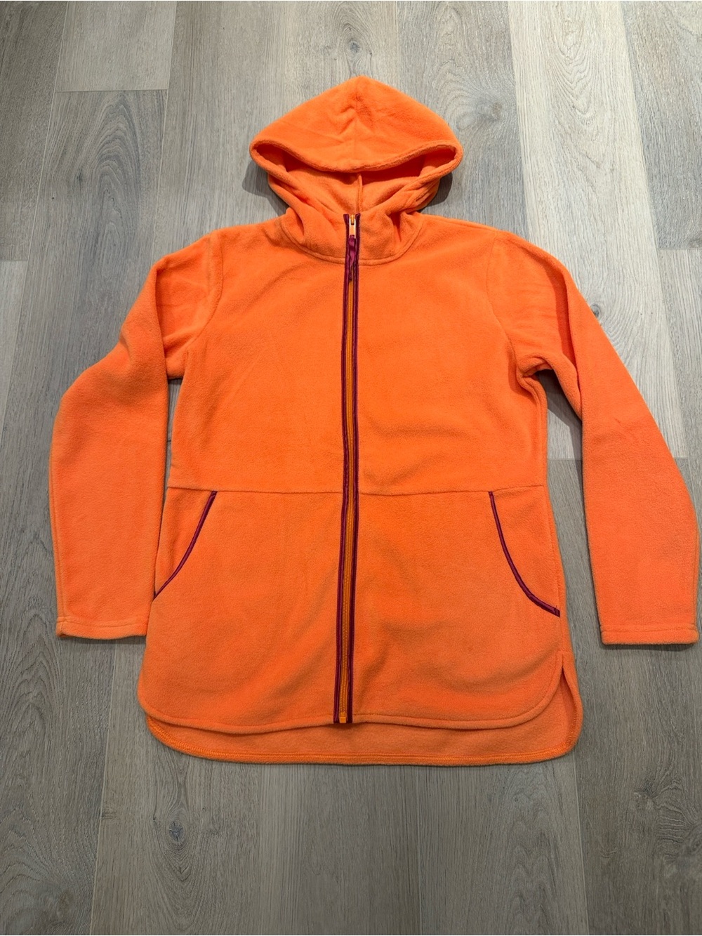 NWOT Susan Graver Vibrant Orange Hooded Fleece Jacket w/ Burgundy Contrast Trim
